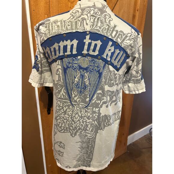 Blac Label Men's Large Shirt Top V Neck Graphics Patches - Picture 1 of 8